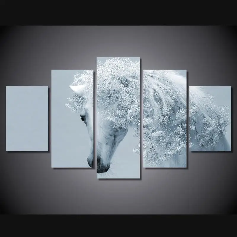 

Wall Art Pictures Canvas Poster WHITE HORSE - 5 PIECE PAINTING dorp shipping