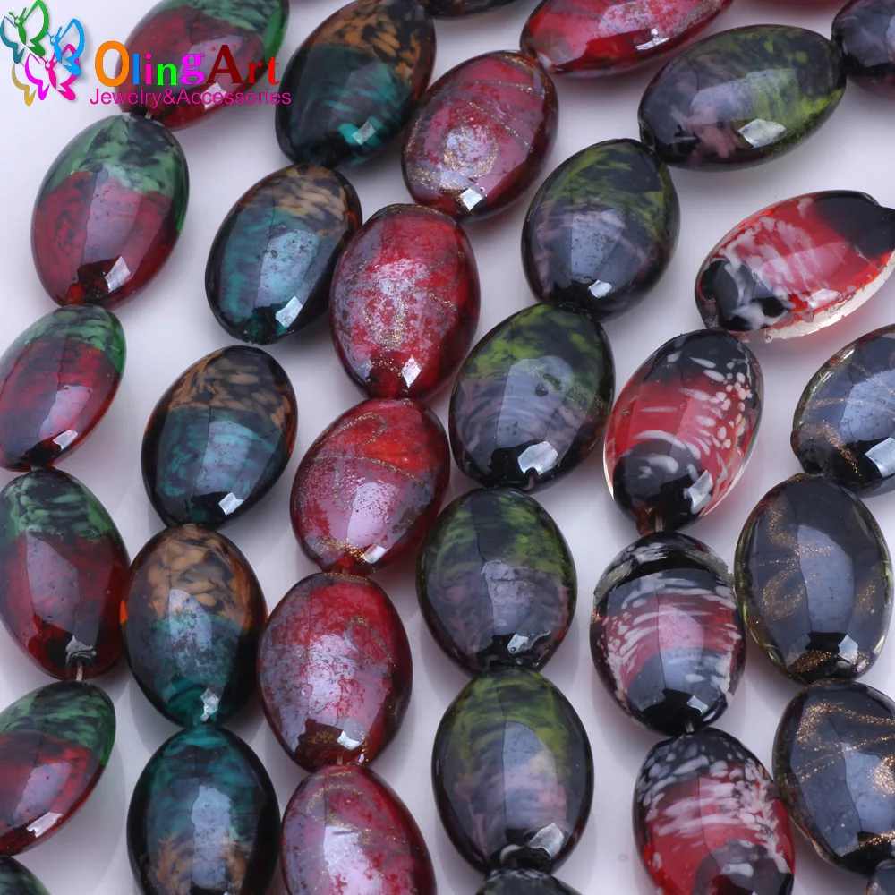 

OlingArt 6PCS Lampwork Glass Beads Oval Multicolor Flower Pattern Faceted 16*25mm DIY Bracelet Choker Necklace Jewelry Making