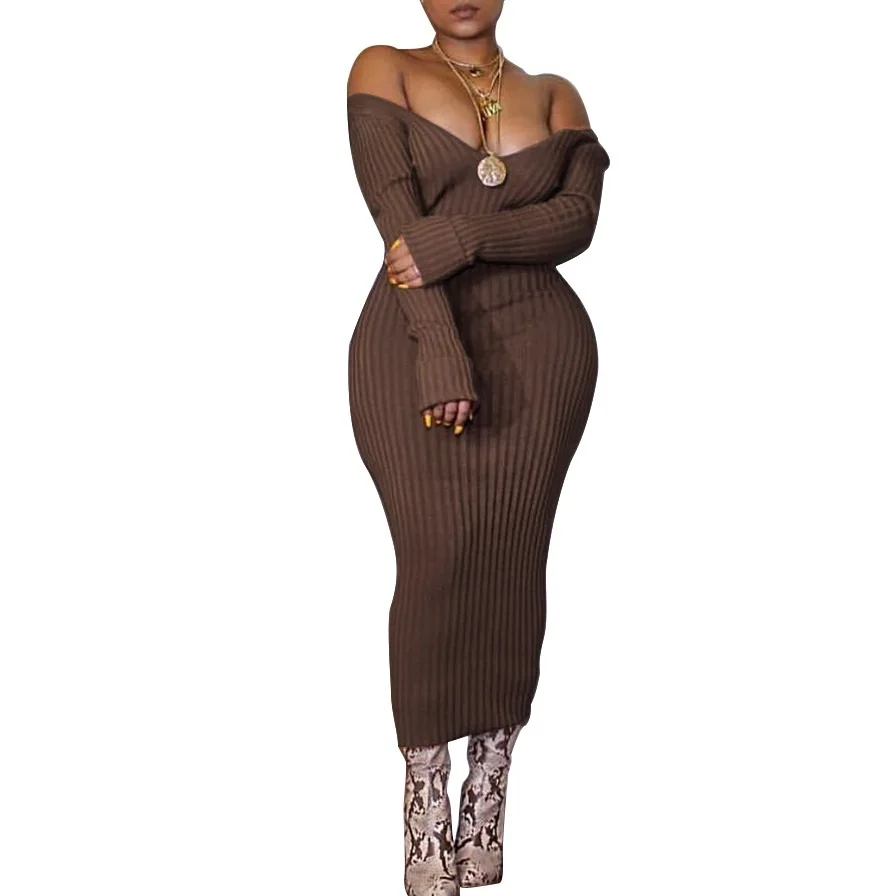 Warm Dress Women 2017 Winter Slash Neck Knitted Sweater Dress Long Sleeve Sexy Elegant Bodycon Ladies