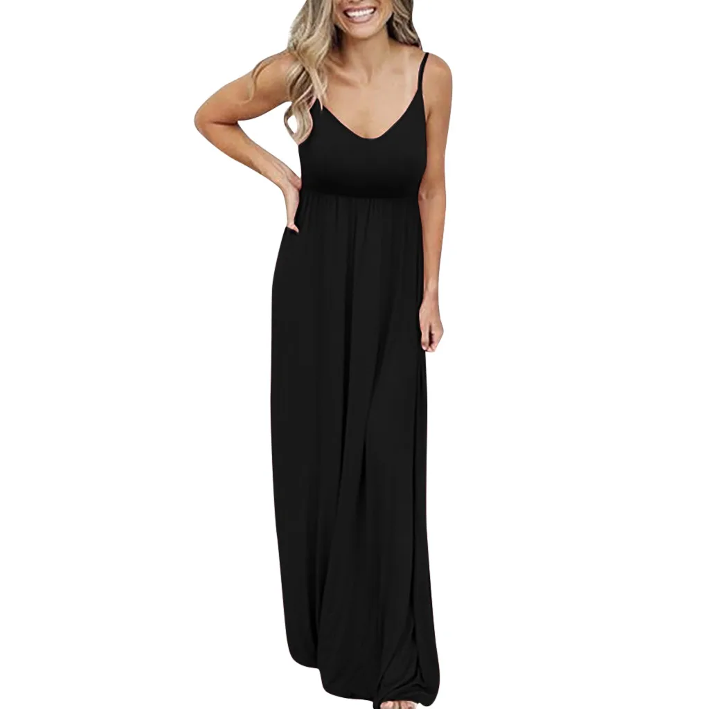 Summer Sexy Spaghetti Strap Dress Women Gothic Black Sleeveless Beach Long Dress Elegant Party Dresses