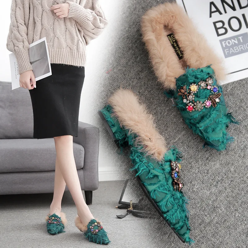 

Shoes Slippers Fur 2019 New Women Slides Jelly Flip Flops Cover Toe Heeled Mules Loafers Plush Soft Flat