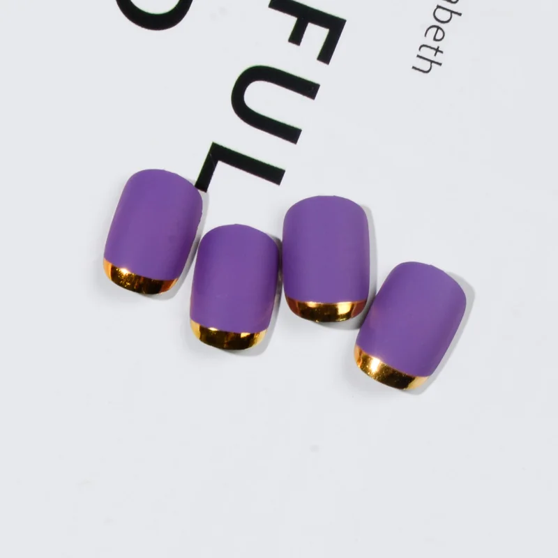 

Short matte Artificial Nails Turnover French nails purple red blue violet nails with golden color Metal Frosted