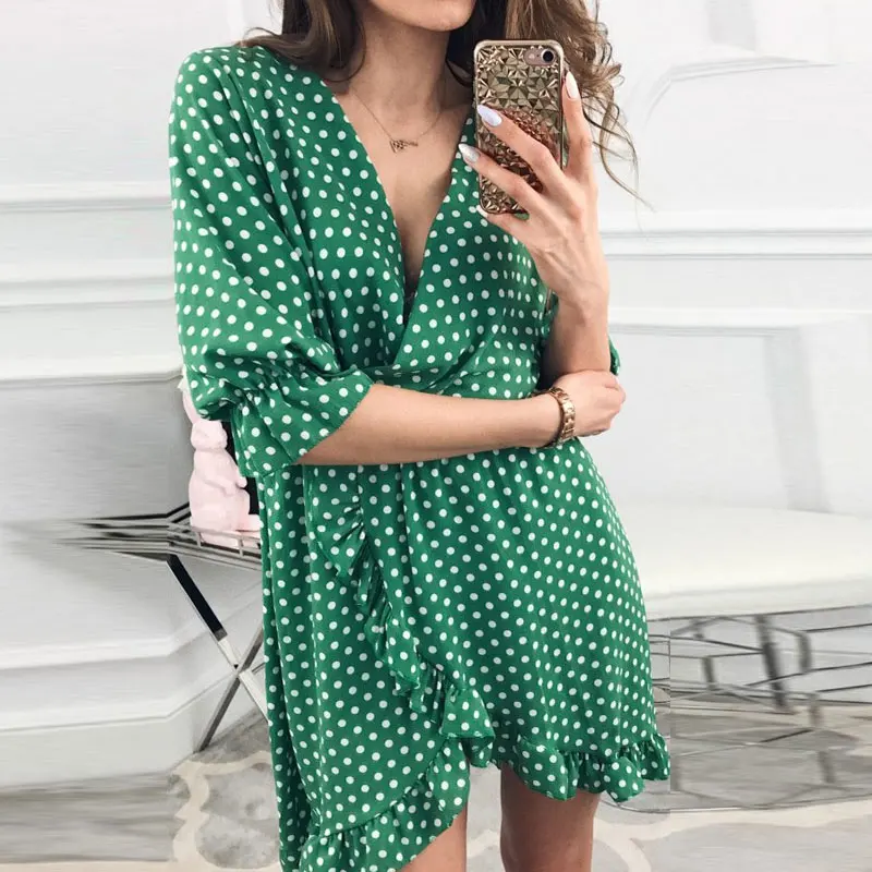 

Short Dress Ruffles Print Polka Dots Sexy Beach Dress Woman Half Sleeve Summer Mini Dresses -70