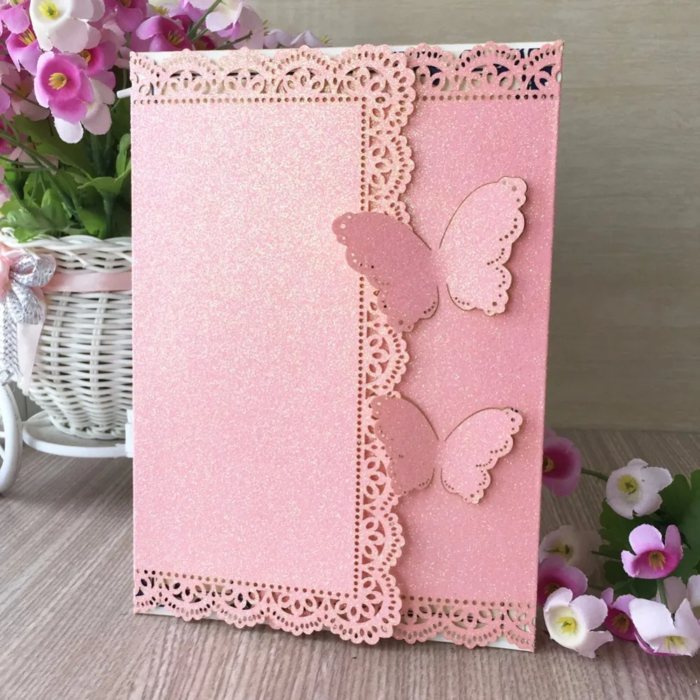 30pcs Bright Pink butterfly wedding invitation laser Luxury Wedding