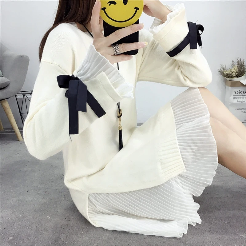 

New Autumn Winter Knitted Dress Women Elegant Warm Patchwork Sweater Dresses Female Slim Bow Long Sleeve Dress Vestidos SF1715