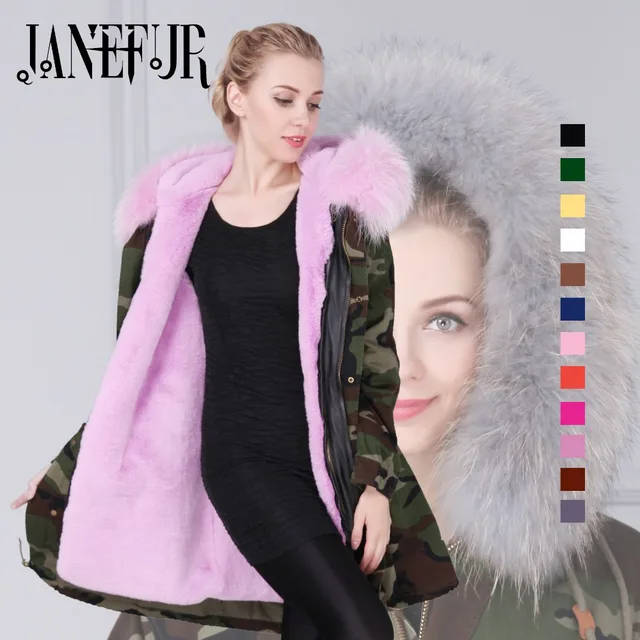 Cheap Italy brand style women camouflage large raccoon fur collar hooded coat parkas outwear detachable fake lining winter jacket
