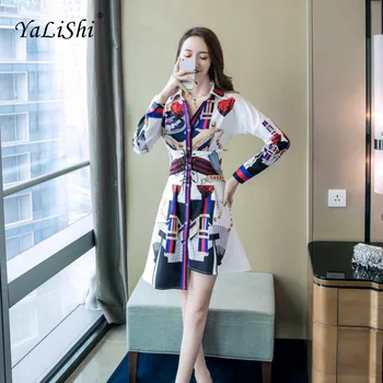 

Plus Size Asymmetrical Dress 2018 Autumn Women White Print Long Sleeve Turn-down Collar Modis Casual Dress Office Mini Dresses