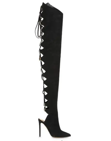 

Spring autumn women pointed toe cross-tied lac up thigh high boots super high heels over the knee high long boots size 35-42