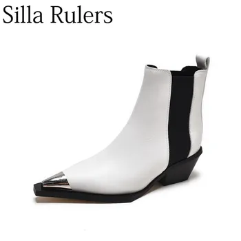 

Silla Rulers 2018 new autumn genuine leather metal splicing coarse heel ankle boots women pointed toes chelsea women Short boots