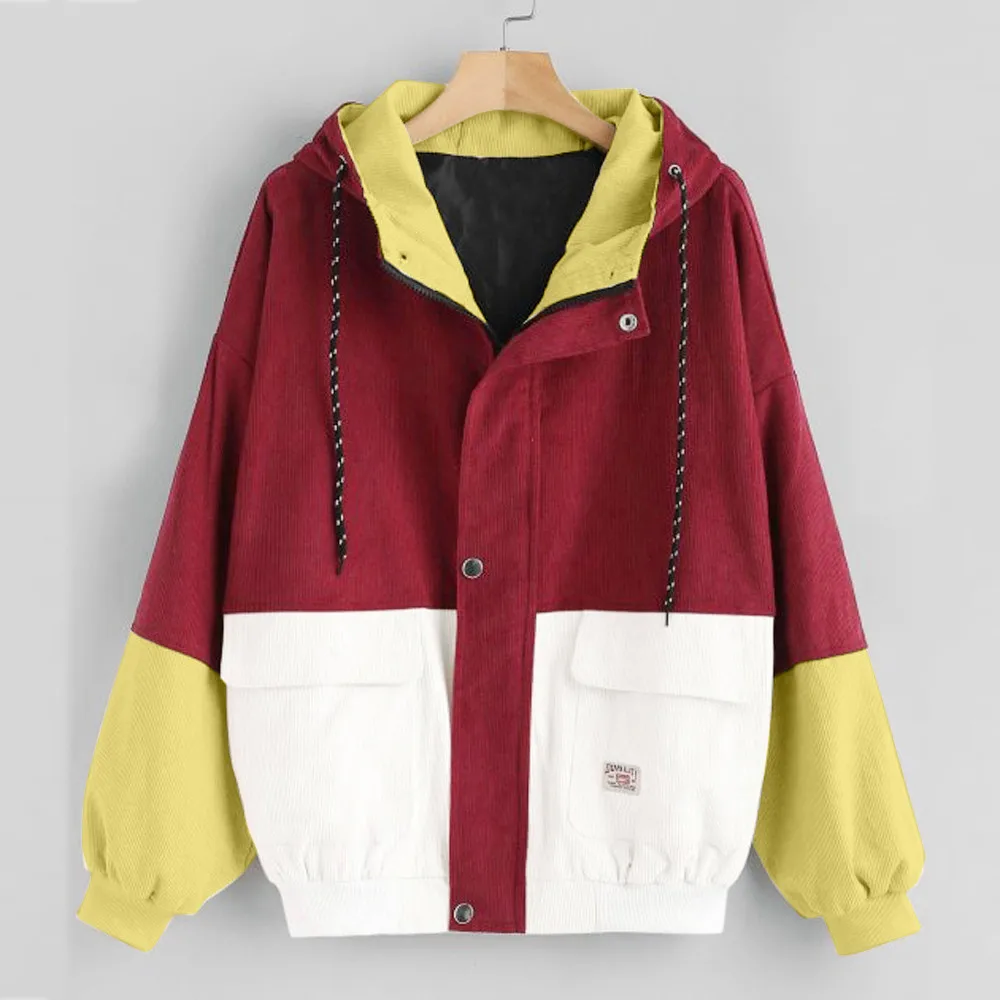 Верхняя одежда и пальто свободные женские вельветовые куртки с капюшоном Лоскутная куртка на молнии размера плюс ветровка Женская куртка - Цвет: Красный