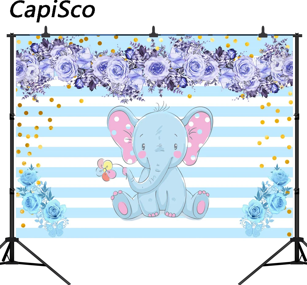 

Capisco Birthday Party Photography Backgrounds Baby Shower Watercolor Blue Flowers Elephant Boy Kids Banner backdrop Photocall