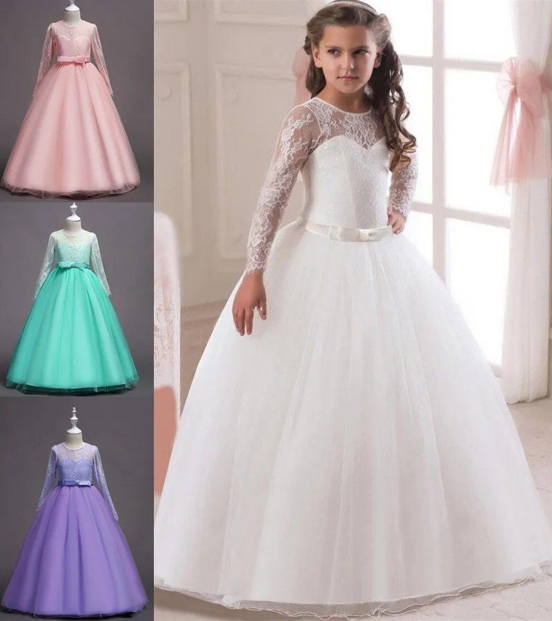 

Princess Dress Kids Girls Summer Formal Dress Long Sleeves Lace Round Neck Mesh Bowknot Princess Dress NSV775