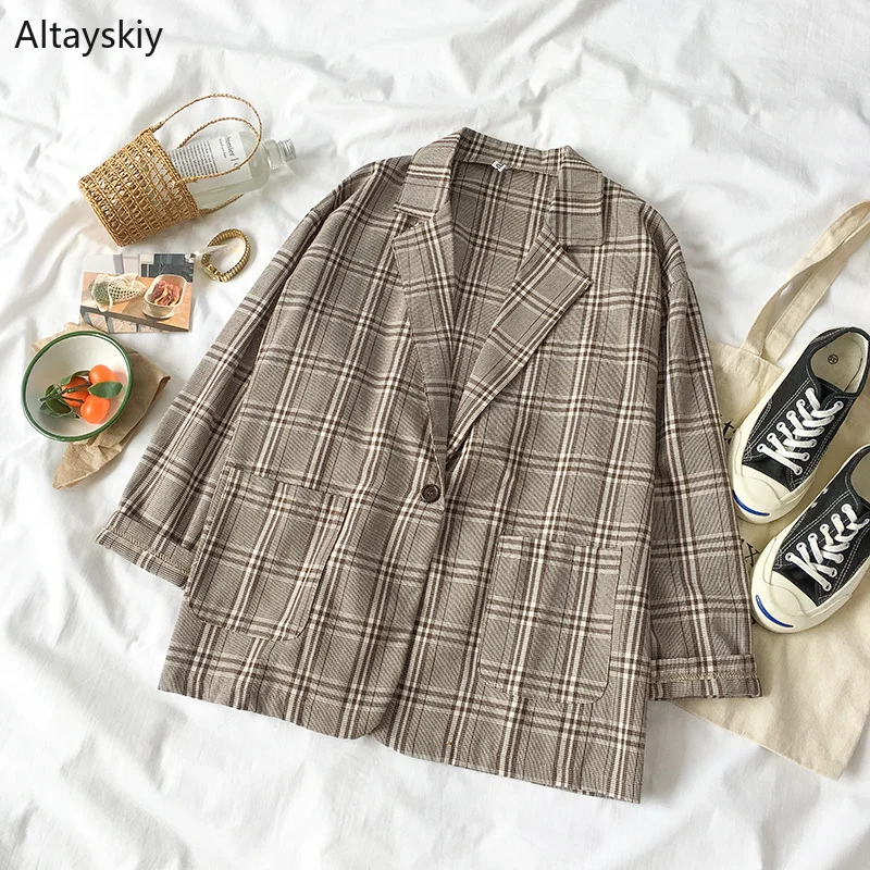 

Blazers Women Korean Version Plaid Female Loose Elegant All-match Students Retro Womens 2019 Soft Outside Leisure Pockets New