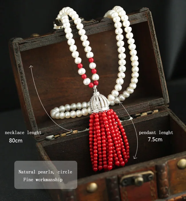 Beadsnice жемчужные ювелирные изделия роскошное ожерелье для женщин уникальный красный коралл кисточкой микро проложить жемчуг кулон ожерелье ID29793