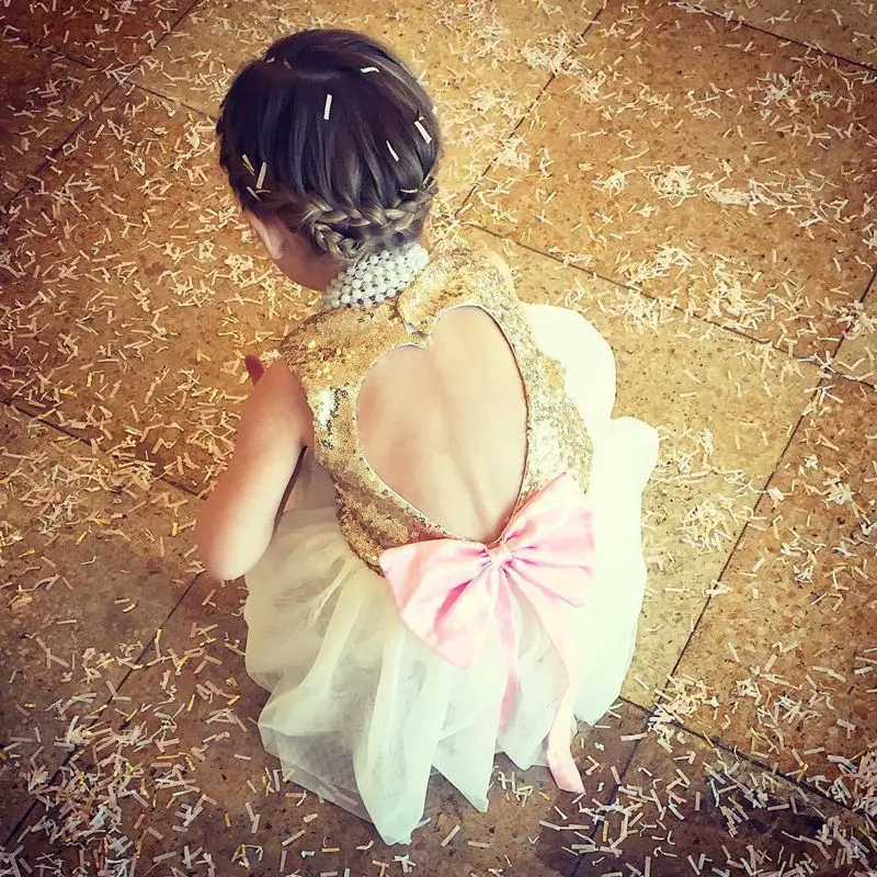 

Sweet Princess Little Girls Apricot Sequins Flower Dress Lovely Kids Girls Bowknot Backless Party Gown Dresses girl
