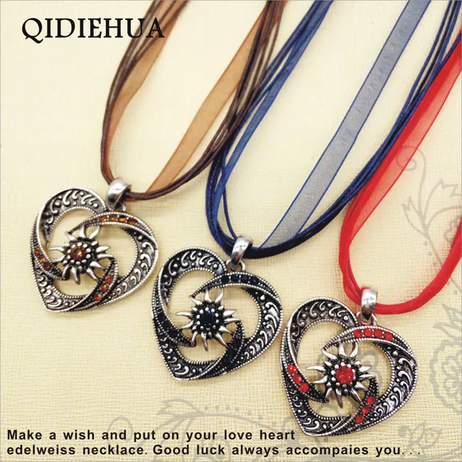 QIDIEHUA модное колье на веревочке в стиле бохо, античное серебряное ожерелье в форме сердца эдельвейса, Подвеска для женщин, блестящие разноцветные стразы, ожерелье