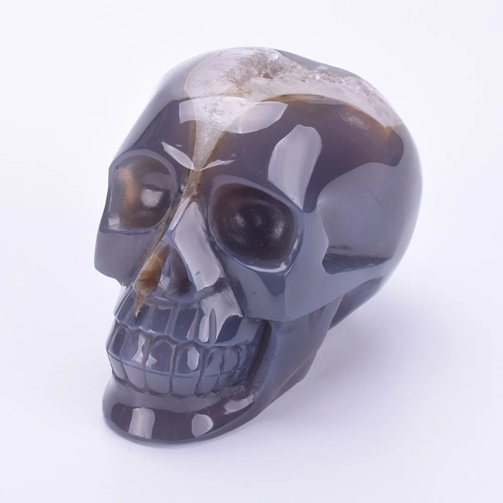 

5'' Natural Agate Geode Carved Realistic Healing Crystal Skull Sculpture Energy Quartz Crystal Skull Carving Statue Home Decor