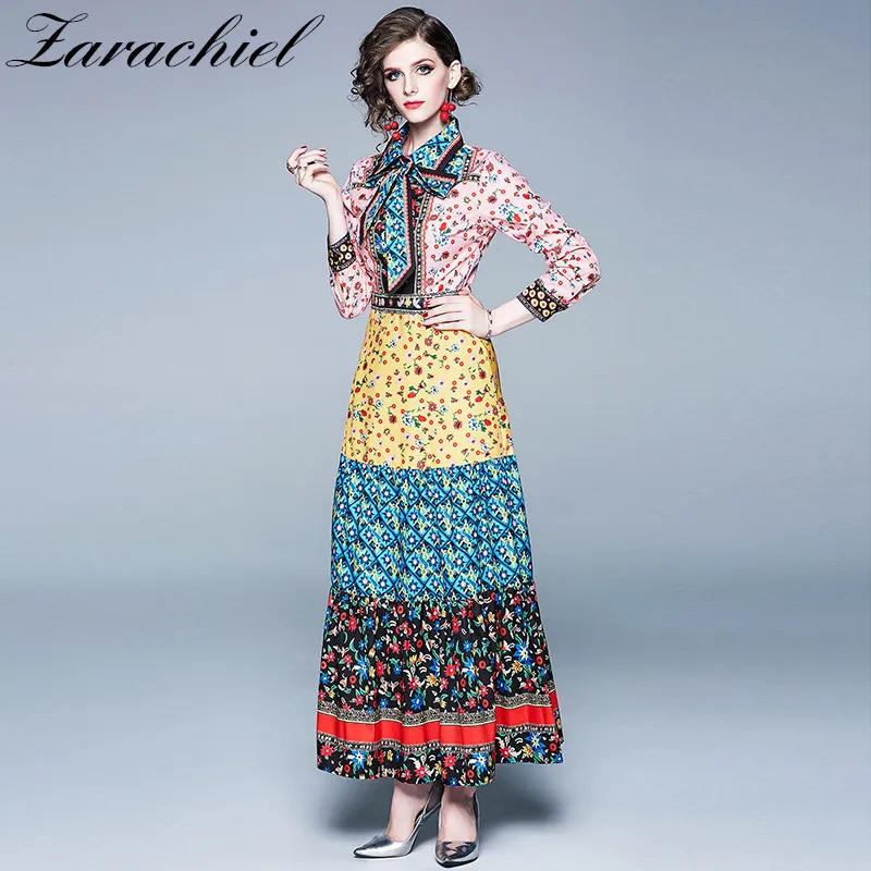 

Fashion Designer Runway Swing Maxi Dress 2019 Autumn Women Turn-Down Collar Bow Belt Long Sleeve Flower Print Overlay Long Dress
