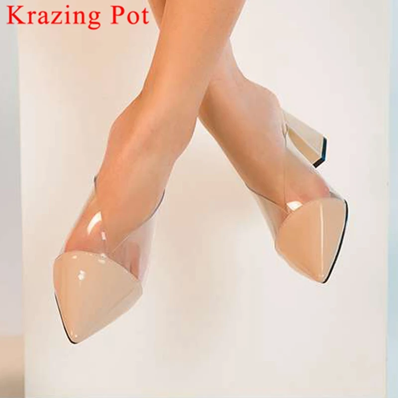 

Krazing Pot sweet girls fsahion runway slip on graceful lady thick high heels mules natural leather pvc simple design pumps L88