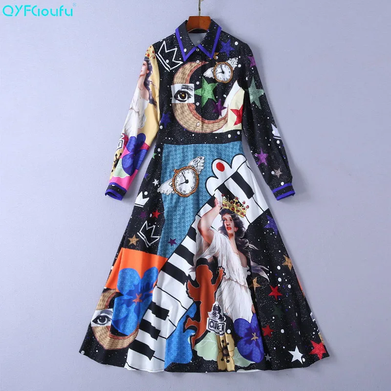 

QYFCIOUFU Autumn Fashion Women Runway Dress Designers 2018 High Quality Black Angel Print Vintage Beading Long Sleeve Dress