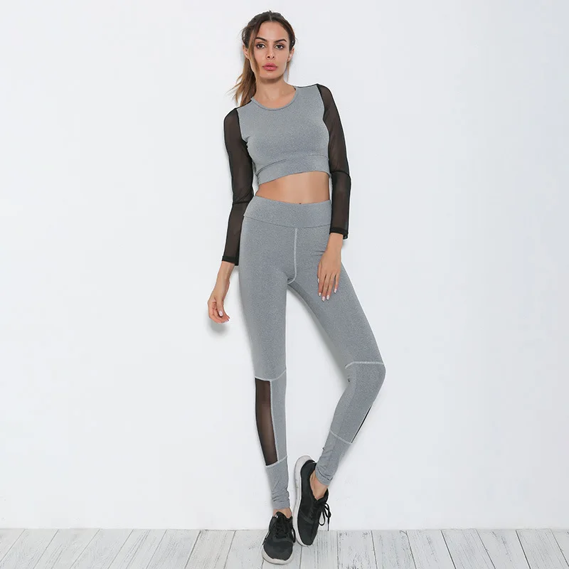 

2018 New Tracksuit Gray Mesh Patchwork Crop Top Tanks And Leggings Women Leaf Set Letters Stronger Patchwork Clothing