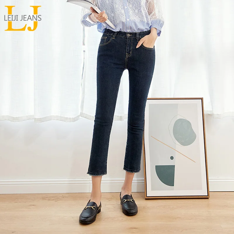 

LEIJIJEANS Spring And Summer Plus Size Denim 2 Solid Color Mid Waist Ankle Length Casual Fashion Slim Women Stretch Jeans 5610