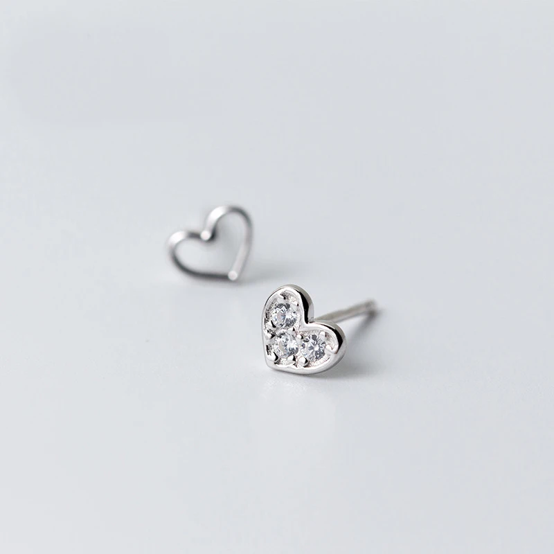 

MloveAcc Real 100% 925 Sterling Silver Asymmetry Hollow Heart Stud Earrings for Women Clear CZ Earrings