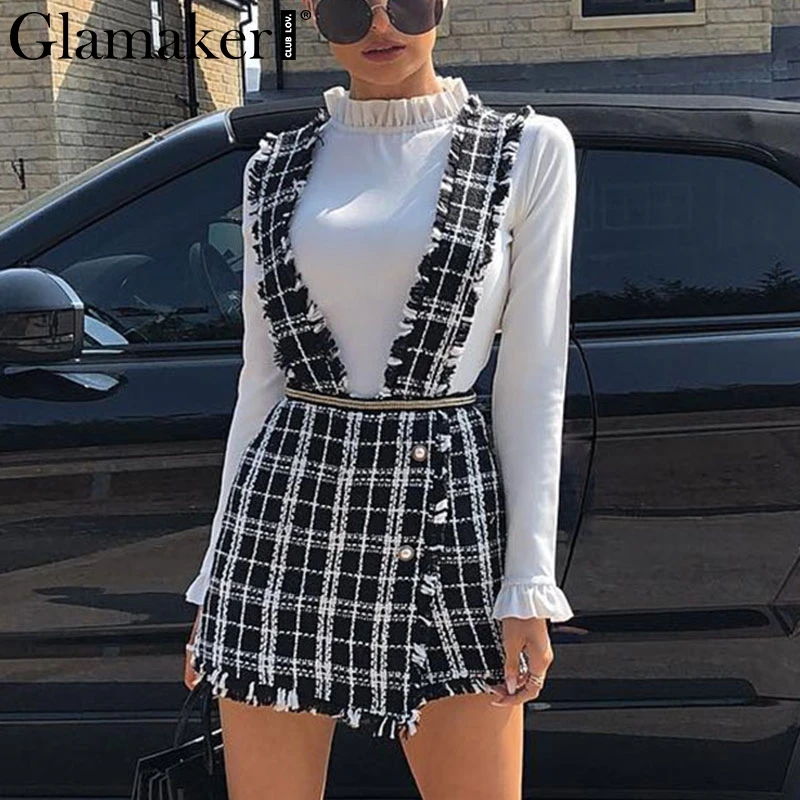 Cena Glamaker Fringe strap tweed skort culottes spódnica z wysokim stanem 2019 nowa mini spódniczka kobiety dna Sexy do klubu na imprezę bib spódnica kobieta