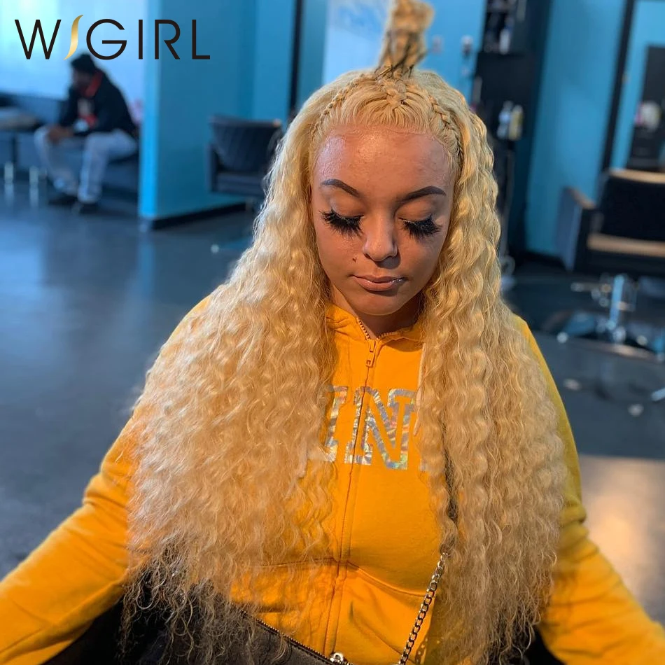 Wigirl Transparent 613 Honey Blonde Malaysian Curly Lace Front Human Hair Wig Deep Wave Pre Plucked Long Frontal Wigs | Шиньоны и