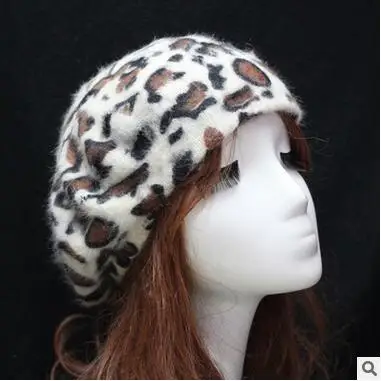 Осенне-зимний Модный женский теплый берет с леопардовым узором женские шапки Ангольские кроличьи волосы береты с козырьком SY321 - Цвет: White