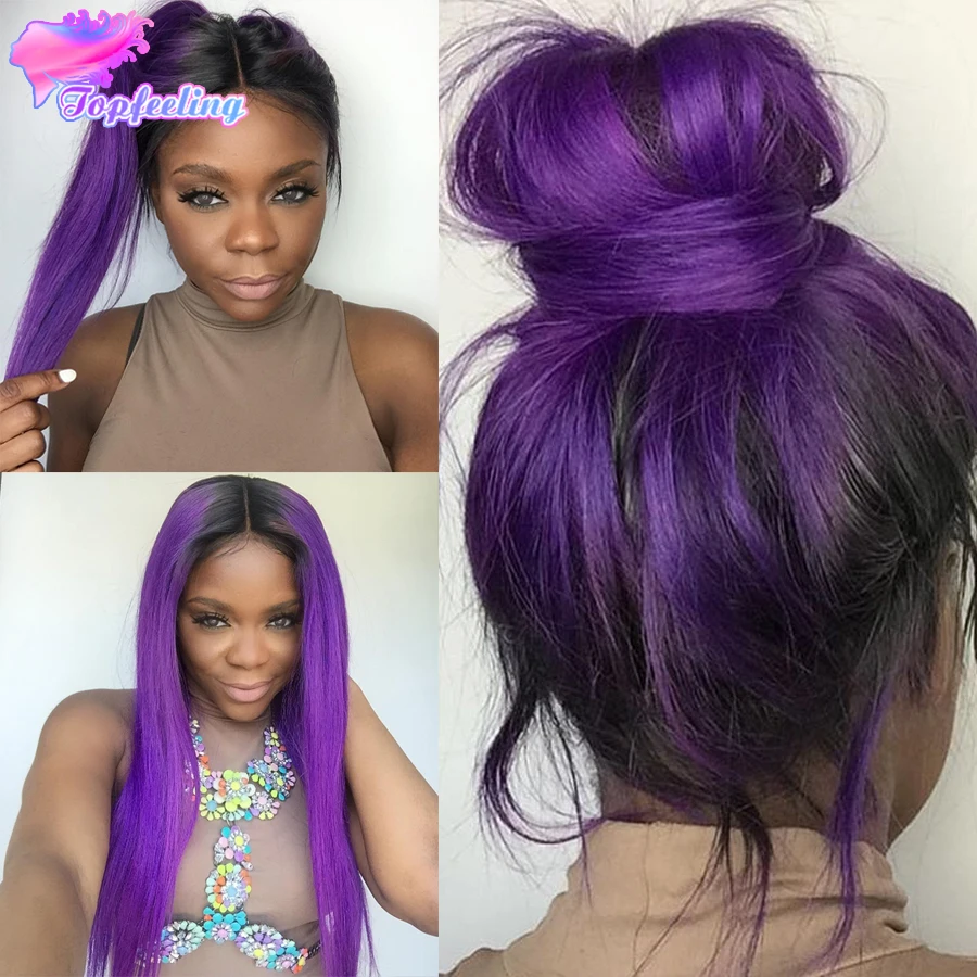 Purple Full Lace Ombre Human Hair Wigs For Black Women Silky Straight