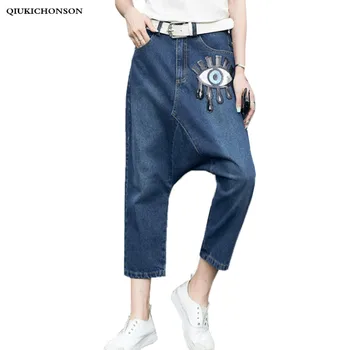 

Personality Hip Hop Hippie Pants Women Fashion Streetwear Loose Harem Jeans Sequined Big Eye Embroidery Baggy Denim Trousers