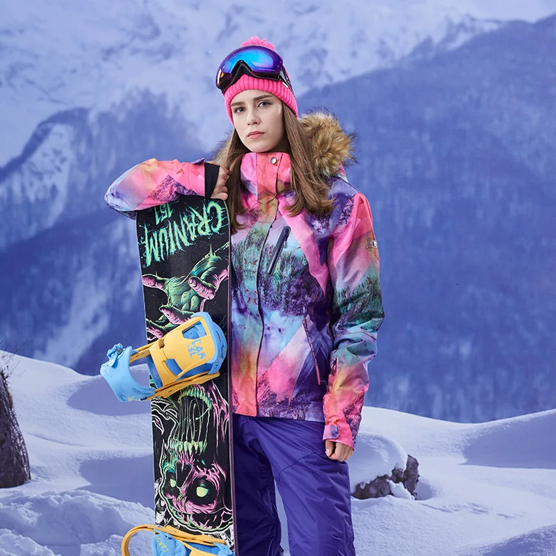 GSOU снег волос воротник женский лыжный костюм зимний открытый водонепроницаемый теплый дышащий лыжное пальто