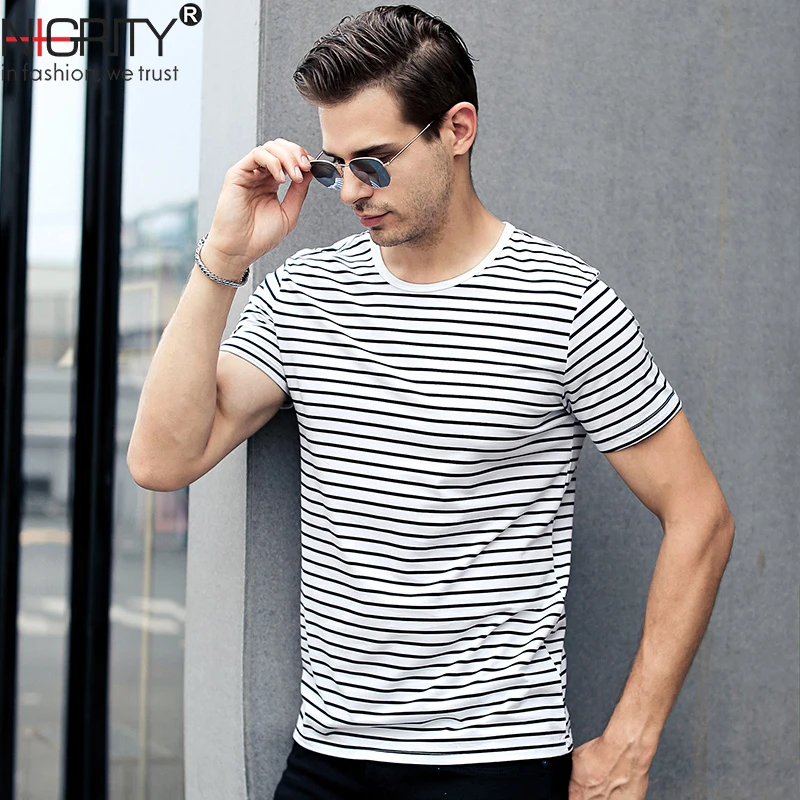 

NIGRITY New Men T shirt Fashion O-neck Short-sleeved Slim Fit Black Striped T-SHIRT Man Top Tee Plus Size Free Shipping