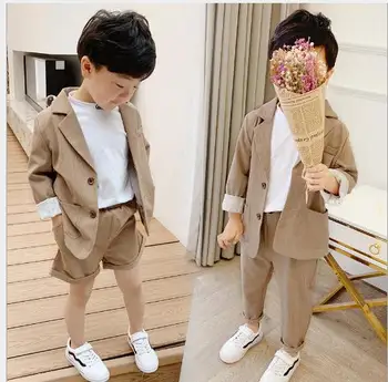 

Summer Kids brown Wedding Boy/Girls Blazer Suit Brand Flower Boys Formal Tuxedos fashion School Suit Kids Clothing 2 pcs Set