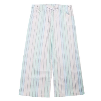 

2018 New Women's Casual High Waist Drawstring Ankle Length Pants Trousers Tethered Rainbow Striped Wide Leg Casual Clothes