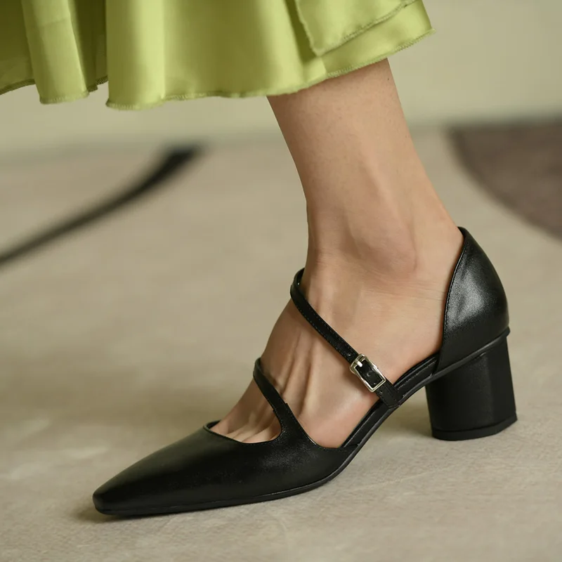2019 Spring New Shoes Women Covered Heel Buckle Strap Leather High Heels Office Lady Black Pumps | Обувь