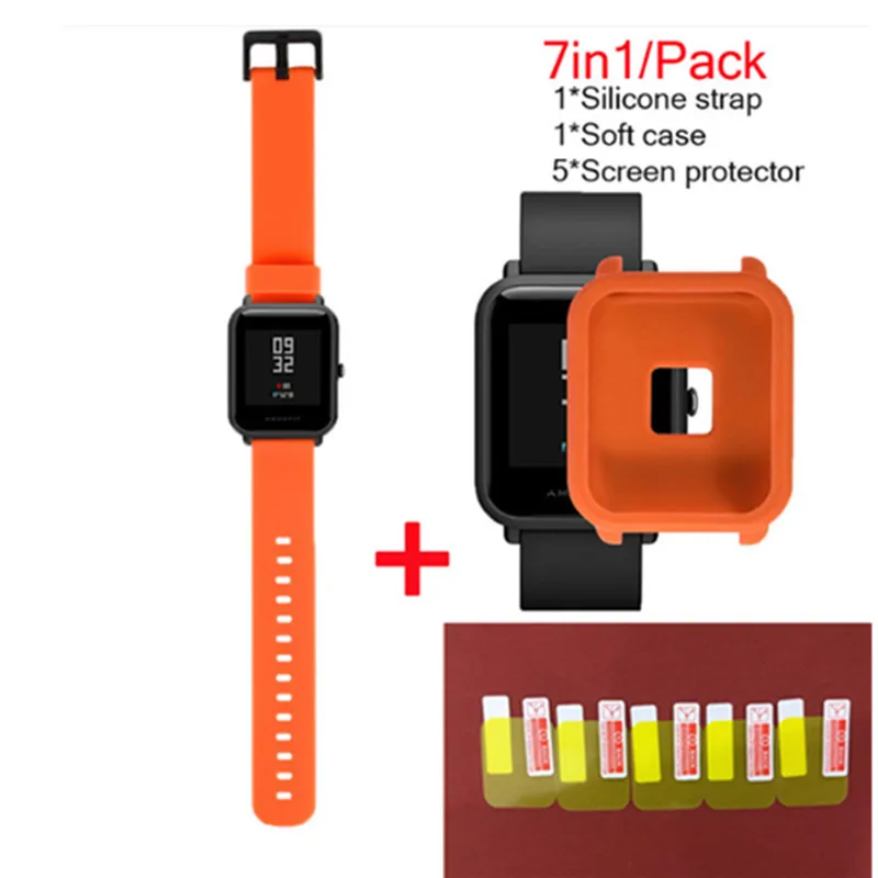 

7in1 for xiaomi Huami Amazfit Bip Wrist Strap TPU Band Fitness Smart Rhythm Silicone Watch Soft Case Cover Screen with Protector