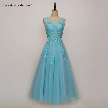 

Robe demoiselle d'honneur courte2021 new Scoop neck tulle beaded A Line turquoise grey bridesmaid dress Tea Length vestido