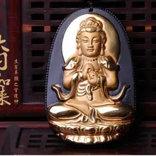 Естественный обсидиан позолоченная татхагата овец обезьяна кулон Цепочки и ожерелья и покровителя натальной Будда Ping