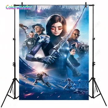 

Photography Background Alita Battle Girl with Sliver Sword Modern Space Building with Robots Blue Backdrops for Photo Booth Prop