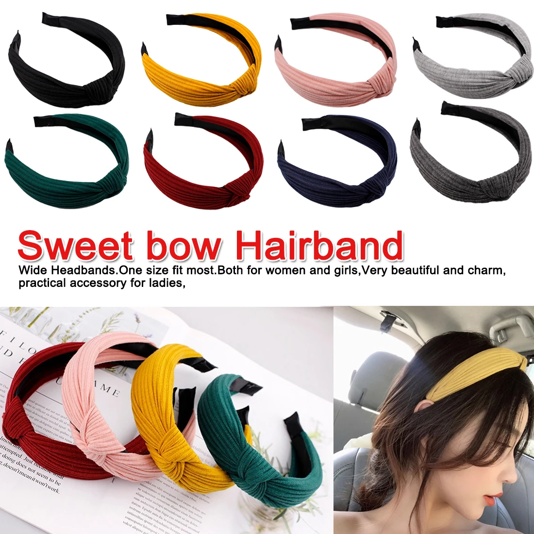 

Graceful style Women Red Print Bow Headband Hairbands Silk Wide Head wrap Knotted Headband Hair Accessories Girl
