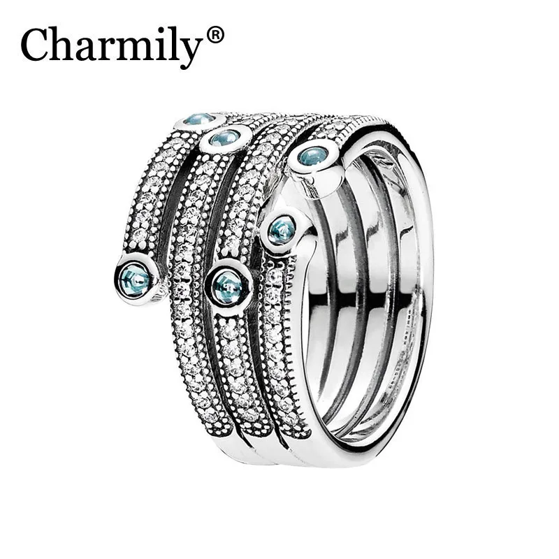 

Charmily Jewelry Genuine 100% 925 Sterling Silver Shimmering Ocean Ring Original Classic Bold Rings For Women