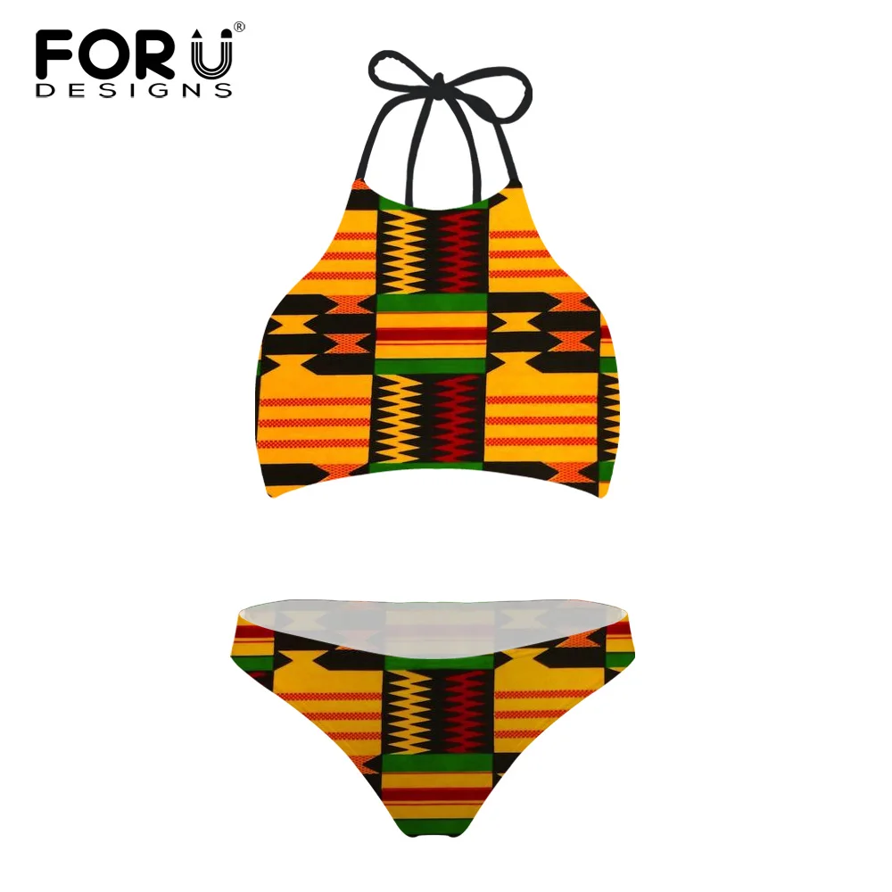 FORUDESGINS Swimsuit Women Retro African Printing Bikini Set High Neck ...