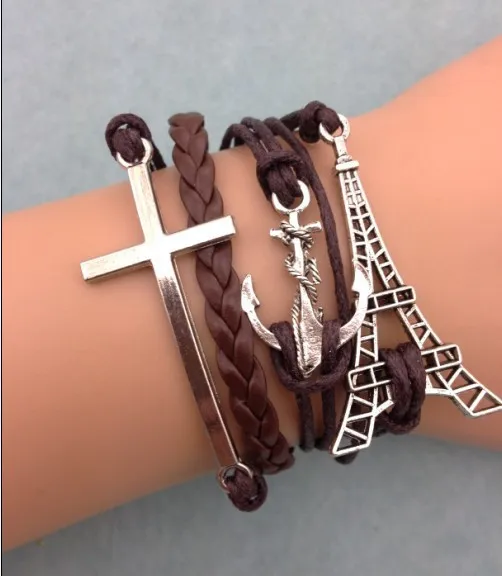 3pcs crossbracelet,handmade bracelet, anchor and eiffer tower charm bracelet,gift charm bracelet 3129