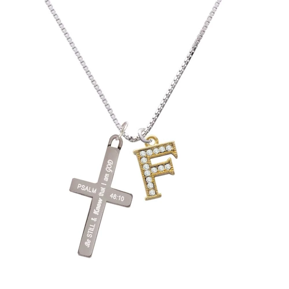 Crystal Gold Tone Initial - F - Beaded Border - - Be Still and Know - Cross Necklace