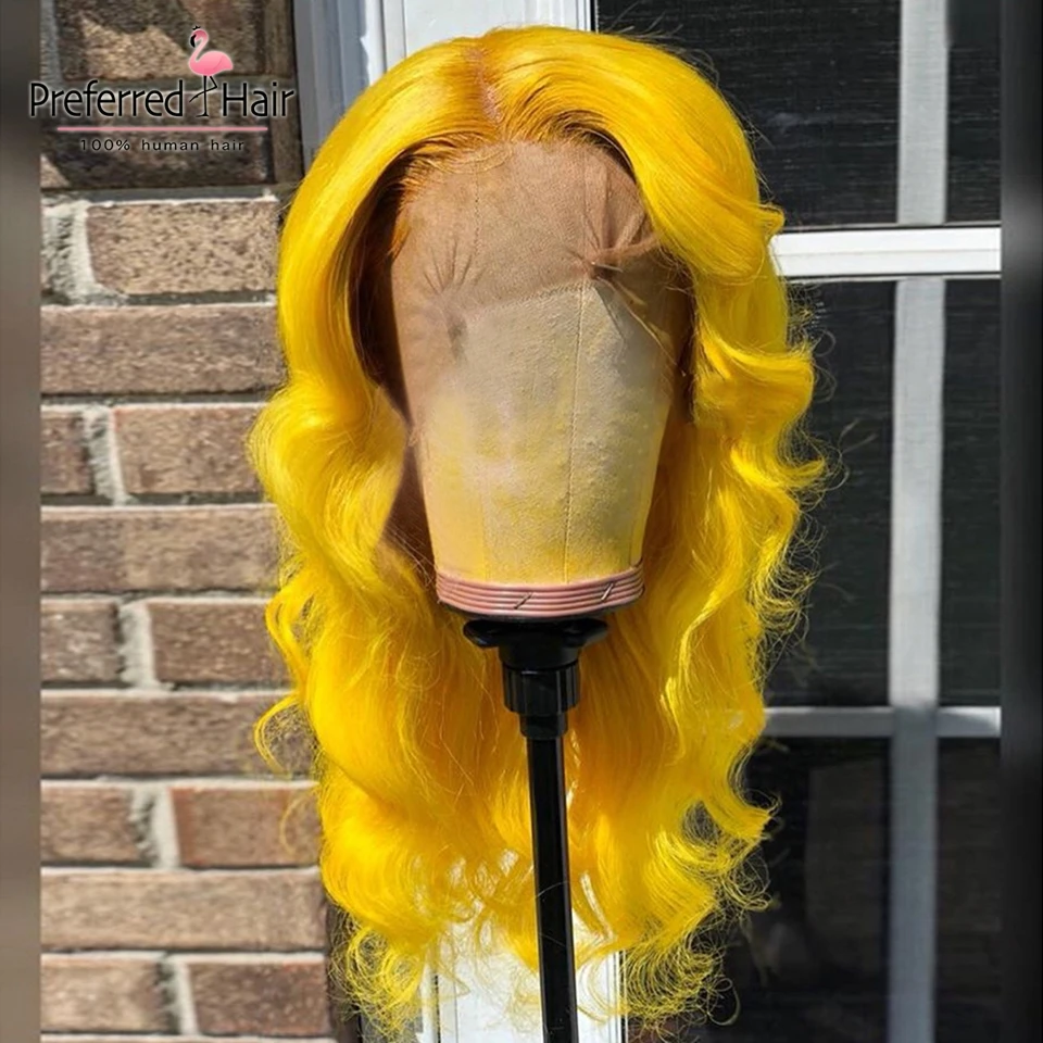 Предпочтительный оранжевый свободный волнистый парик remy волос бразильский парик Желтый цвет Предварительно сорвал кружева спереди человеческие волосы парики для черных женщин