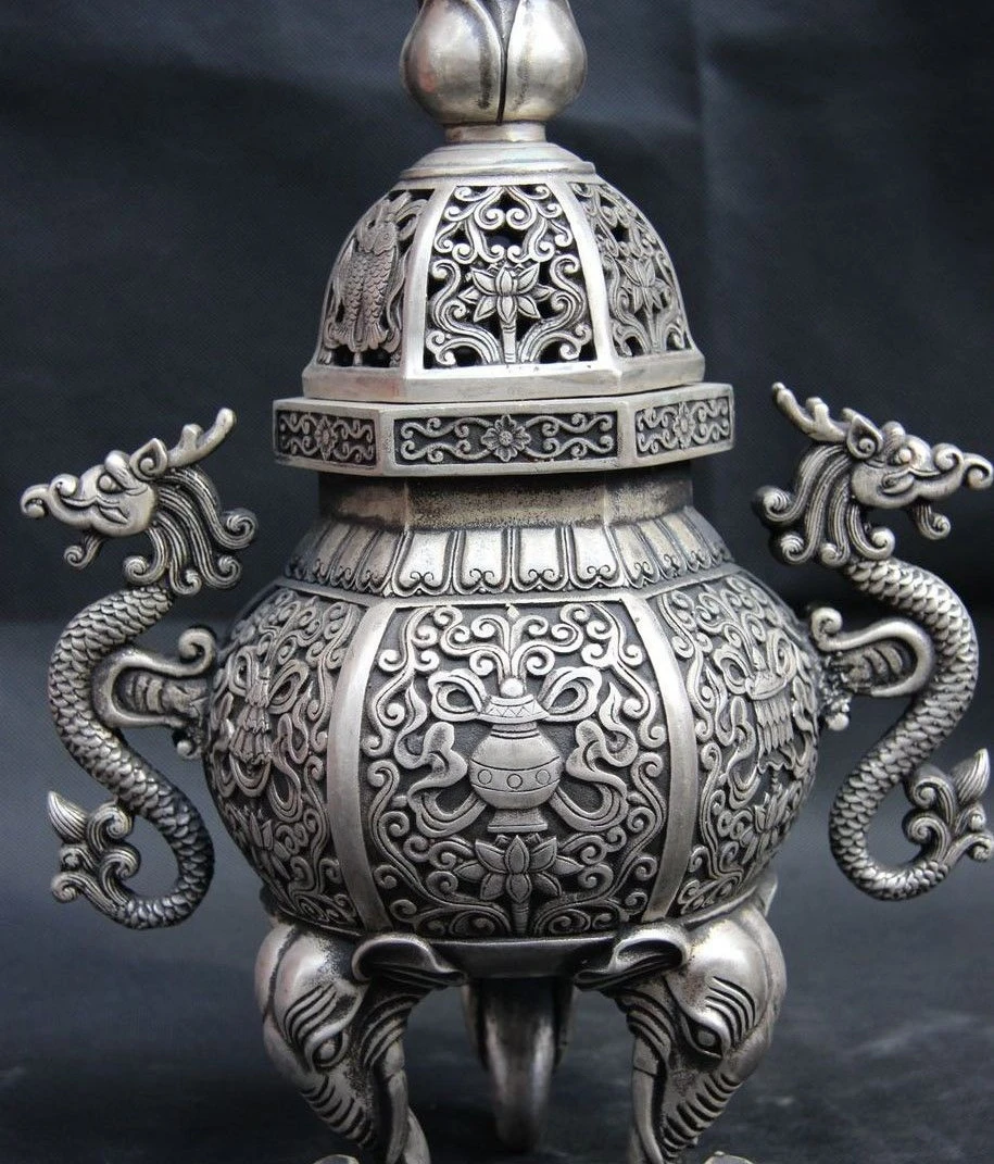 

China Royal White Copper Silver Eight treasures Dragon God Incense Burner Censer
