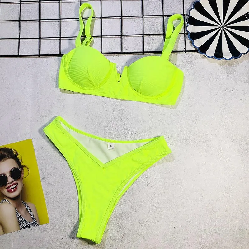 

Sexy None Green Bikini Push Up Swimsuit Female Swimwear Women V Neck Bikini set High Leg Cut Bather Bathing Suit Swim Wear 5220