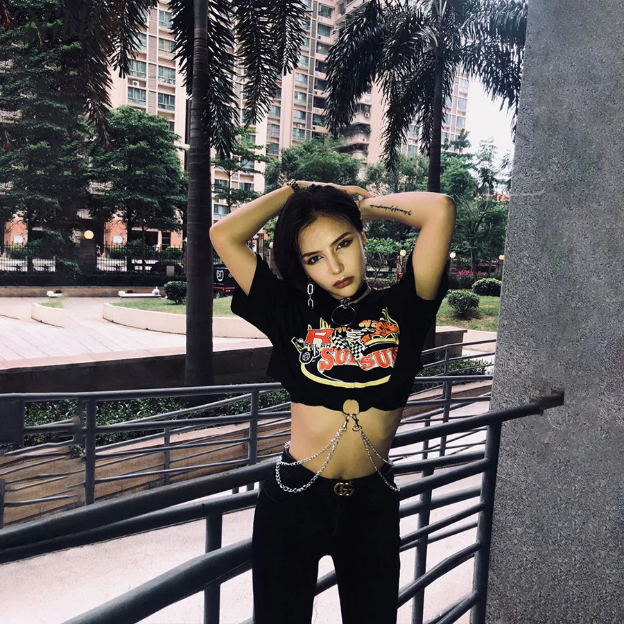 

Nibber Punk Metal chain decoration cotton crop tops women T-shirts 2019summer fashion black printing loose Basic Slim Soft tees